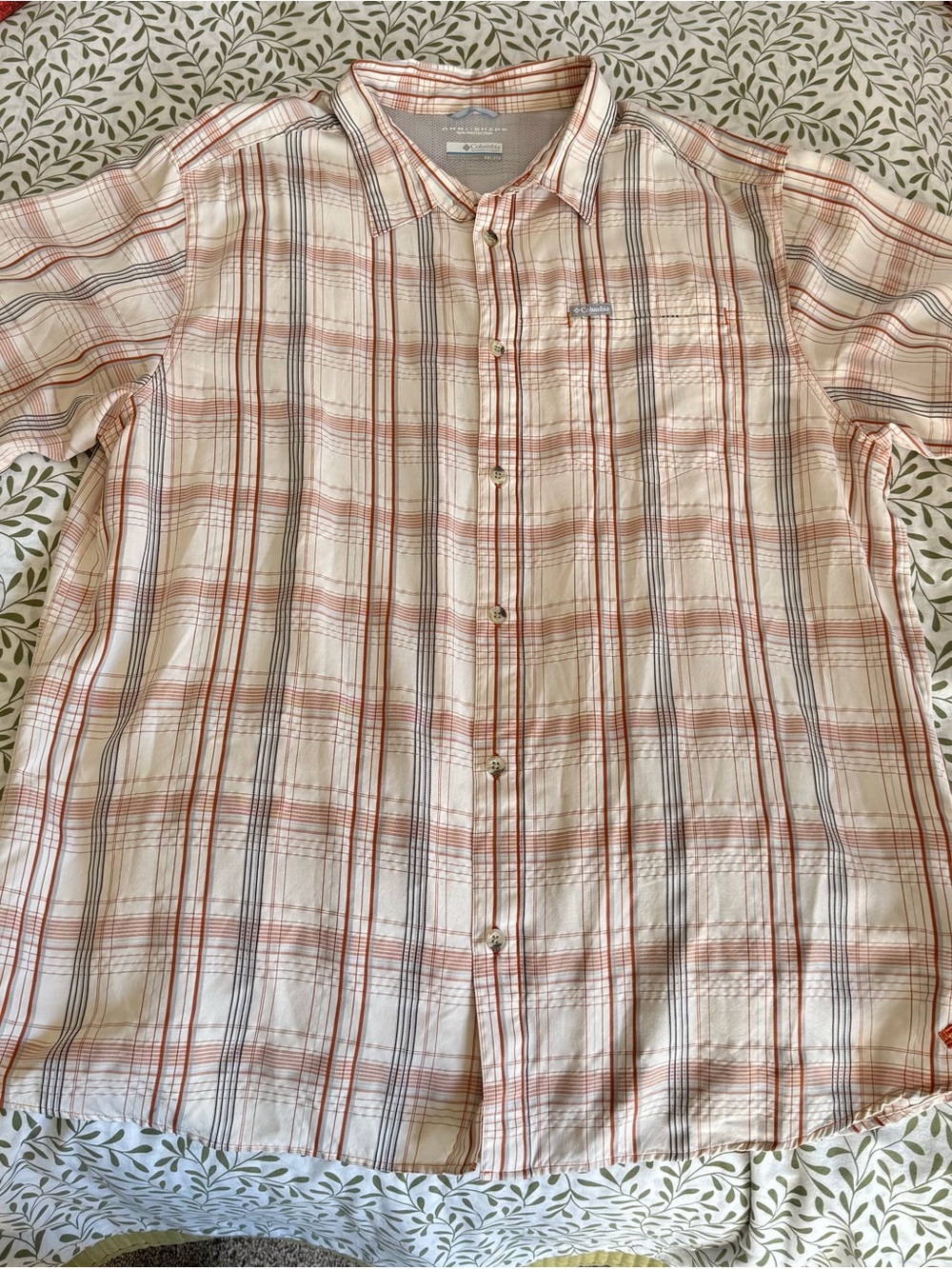 Columbia Cream Plaid Short-Sleeve Button-Up Shirt with Orange & Gray Stripes